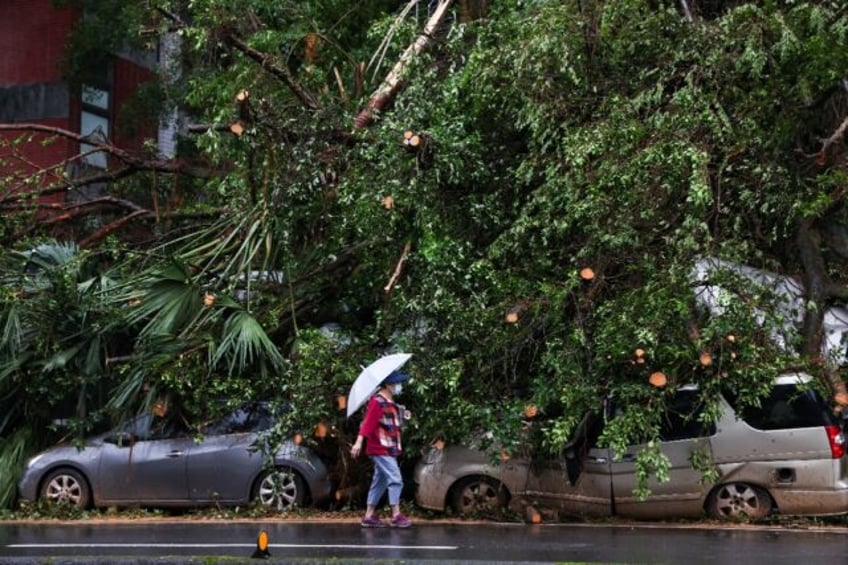 Damaged cars lie underneath fallen trees in the northeastern city of Keelung after Typhoon