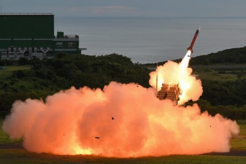 An US-made Patriot surface-to-air missile is launched during a live-fire exercise in Pingt