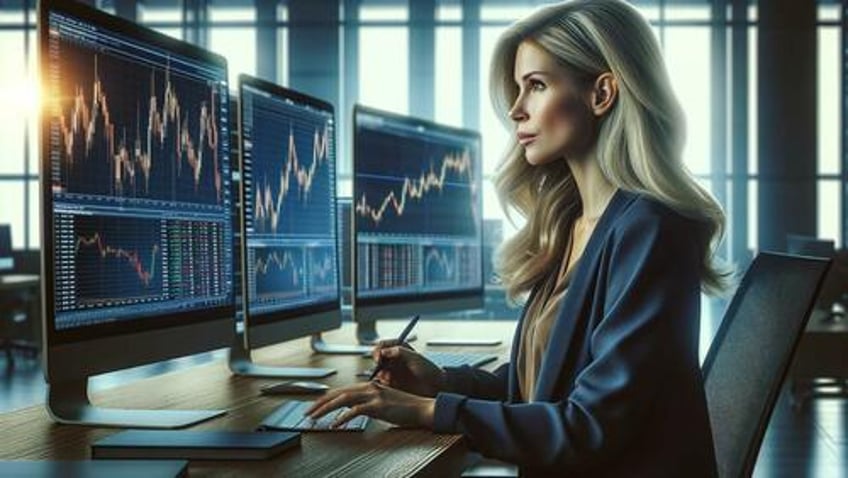 An AI image of a woman trading stocks. 