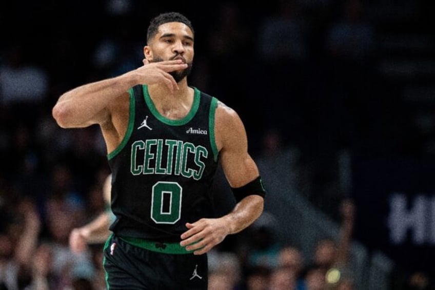 Boston star Jayson Tatum reacts in the first quarter of the Celtics' win over the Charlott