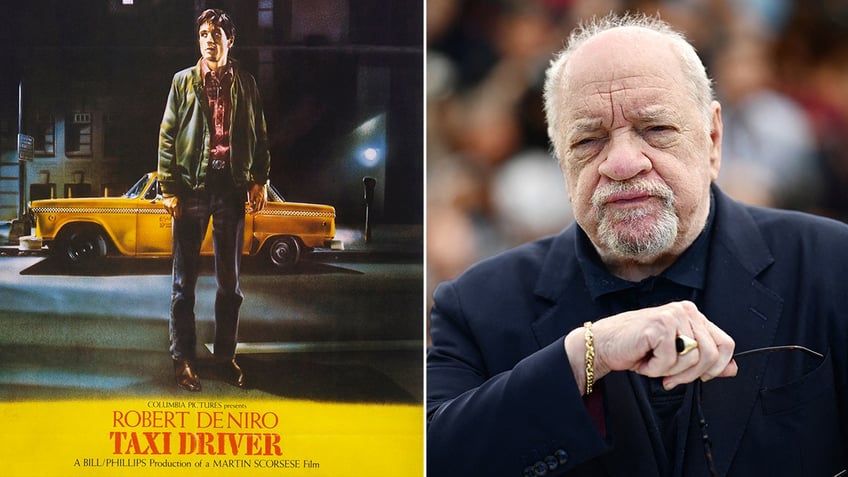 Side by side images of the poster for "Taxi Driver" and screenwriter Paul Schrader