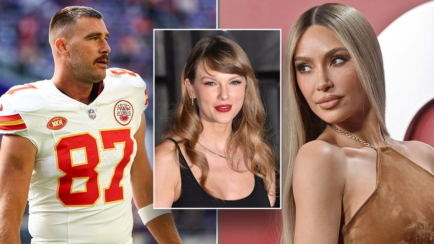 A photo composite of Travis Kelce, Taylor Swift, Kim Kardashian