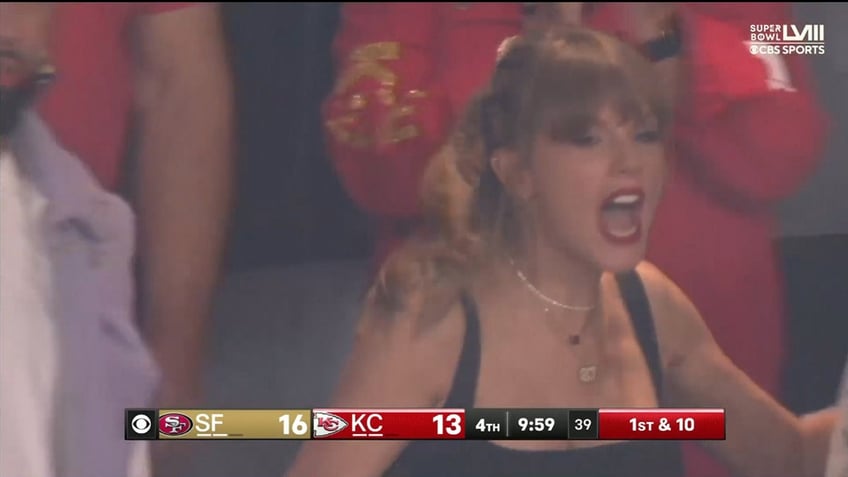 Taylor Swift screaming in the stands at Super Bowl LVIII