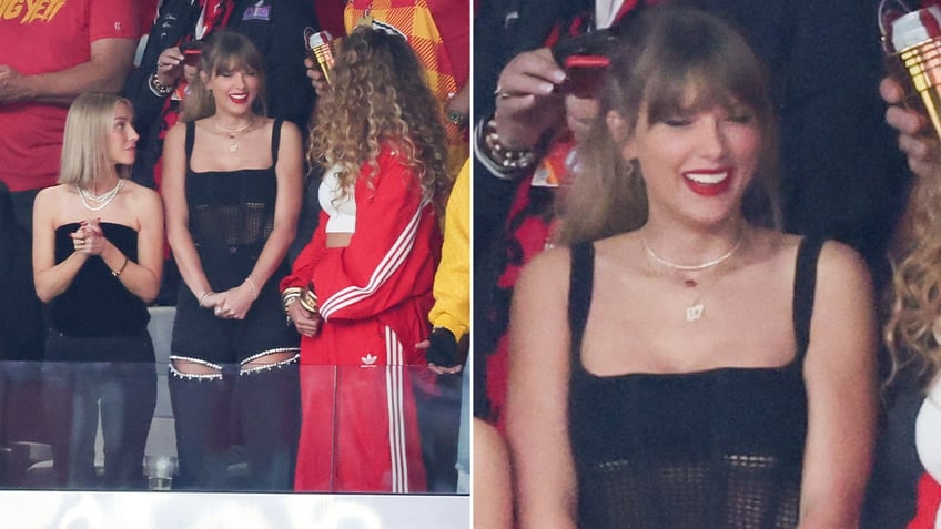 Taylor Swift with Blake Lively at Super Bowl LVIII side by side a close up of Taylor Swift's 87 necklace