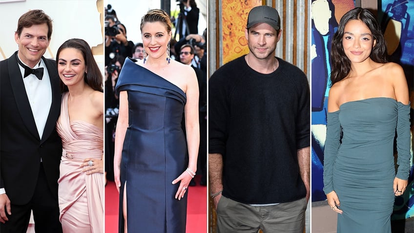 Side by side photos of Ashton Kutcher and Mila Kunis, Greta Gerwig, Liam Hemsworth, and Rachel Zegler