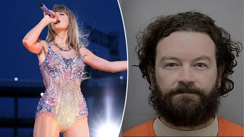 Taylor Swift on stage/Danny Masterson mughshot split