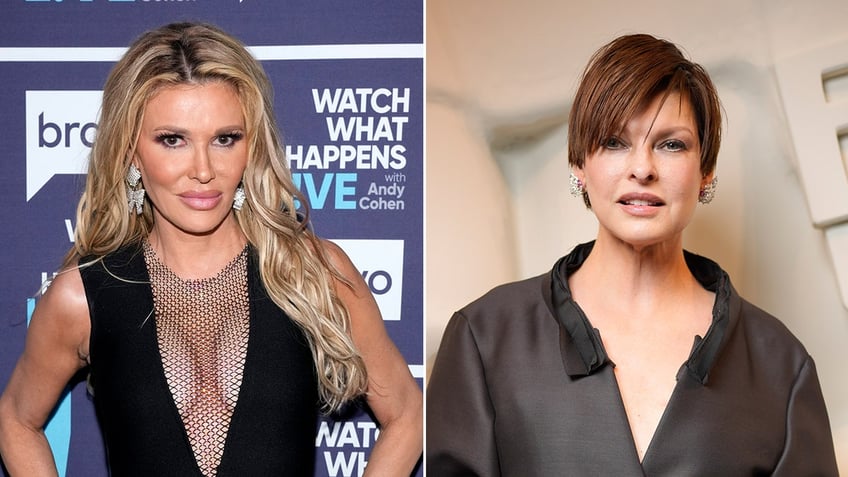 Brandi Glanville in a plunging black top with a mesh cut out split Linda Evangelista in a blouse looking at the camera