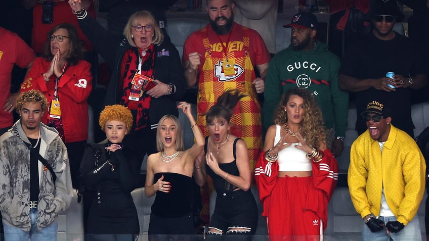 Ice Spice, Taylor Swift, Blake Lively Donna Kelce, and Jason Kelce react big to a play in Super Bowl LVIII