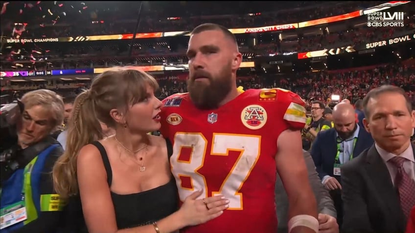Taylor Swift looks concerned during Super Bowl celebration