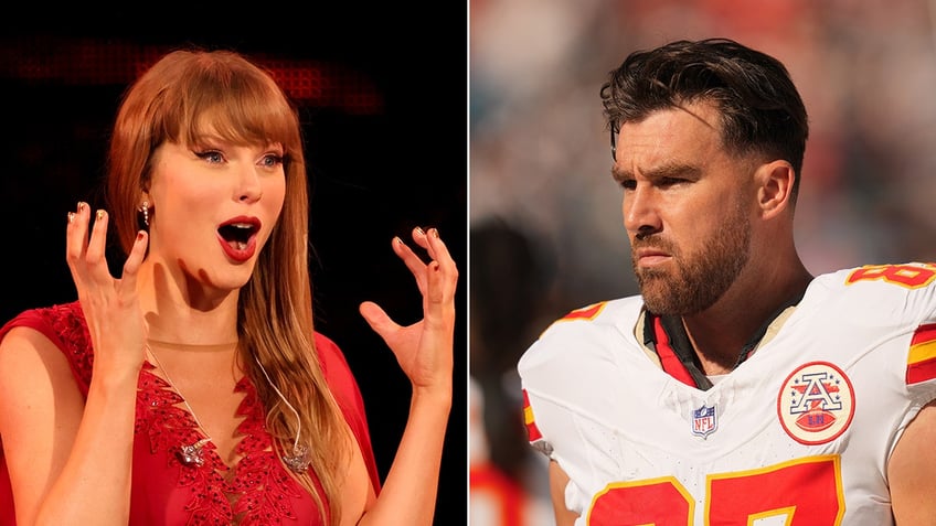 Taylor Swift in a red outfit puts her hands up in the air looking shocked split Travis Kelce in his white Chiefs jersey looks angry