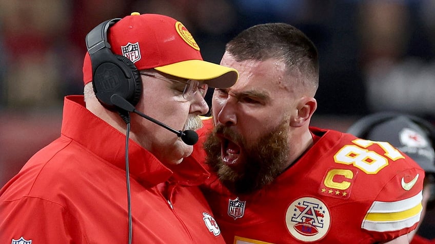 Travis Kelce yells on the sidelines of the Super Bowl into coach Andy Reid's face