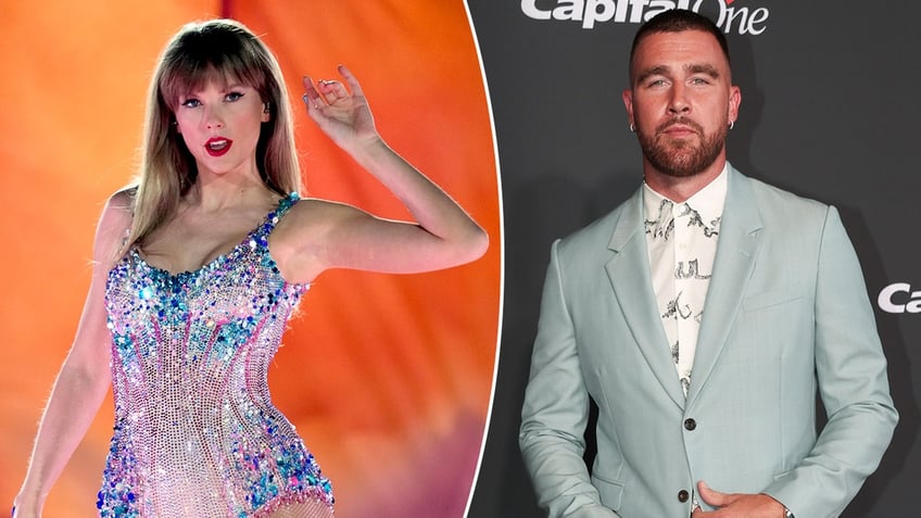 Taylor Swift in a sparkly leotard with one arm up split Travis Kelce on the carpet in a light mint suit