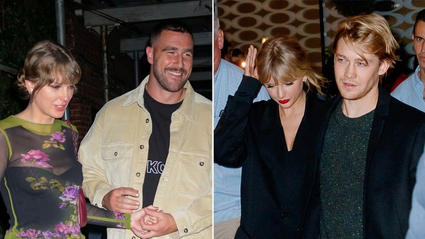 Taylor Swift with boyfriend Travis Kelce, previous boyfriend Joe Alwyn