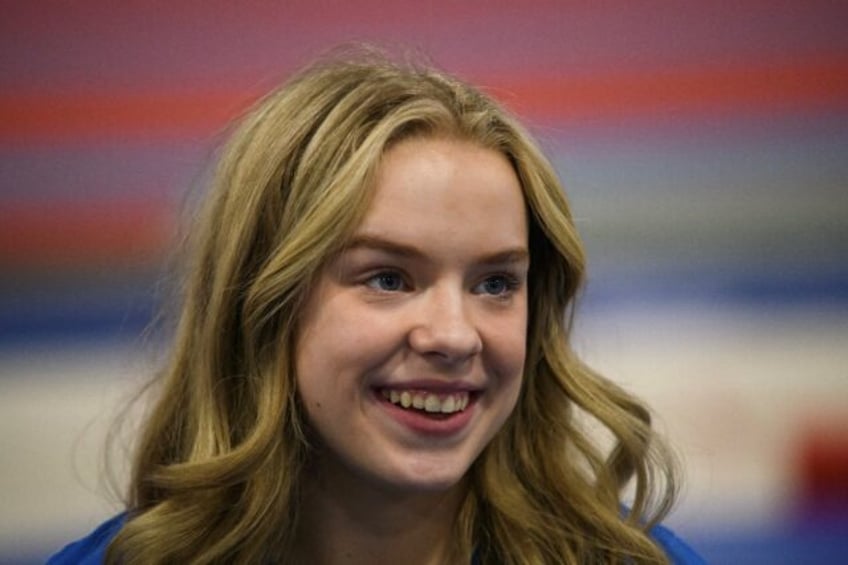 US gymnast Joscelyn Roberson speaks to reporters during USA gymnastics media days in Katy, Texas