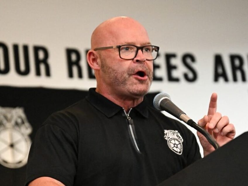 Teamsters General President Sean M. O'Brien speaks during a rally with workers and un