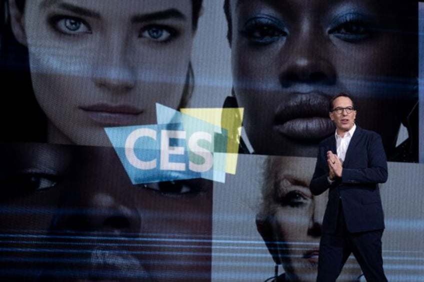 Nicolas Hieronimus, CEO of L'Oreal, delivers a keynote address at the Consumer Electronics Show (CES) on January 9, 2024 in Las Vegas