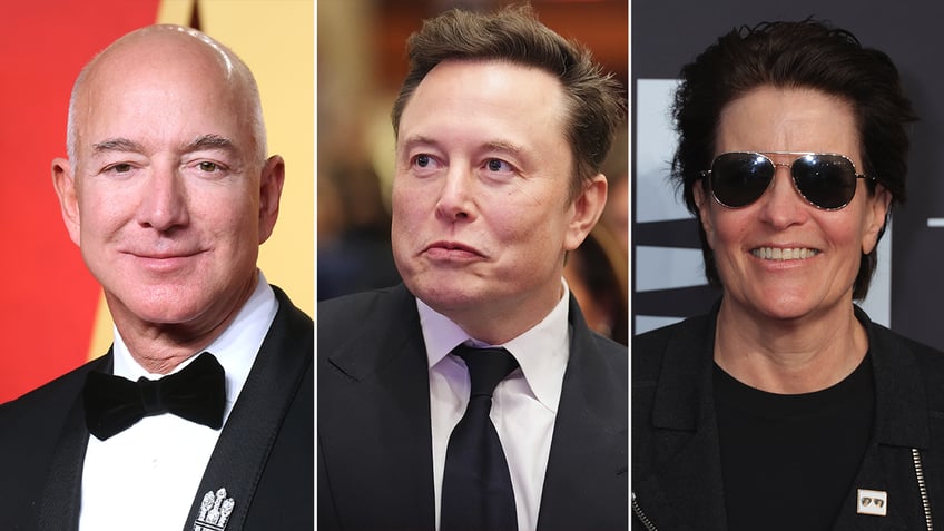 Jeff Bezos, Elon Musk and Kara Swisher split image