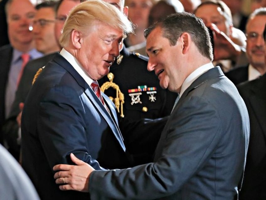 President Donald Trump shakes hands with and talks to Sen. Ted Cruz, R-Texas, in the East Room at the White House in Washington, Monday, June 5, 2017, after a ceremony to announce the Air Traffic Control Reform Initiative.