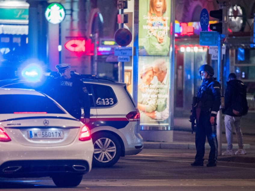 VIENNA, AUSTRIA - NOVEMBER 02: Police block a street in the city center following shots fired nearby on November 02, 2020 in Vienna, Austria. Police blocked off nearby streets around Schwedenplatz square and urged people to stay away in what seems to be an ongoing event possibly involving several attackers. …