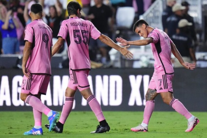 Matías Rojas of Inter Miami, at right celebrating a goal with teammates, scored twice in