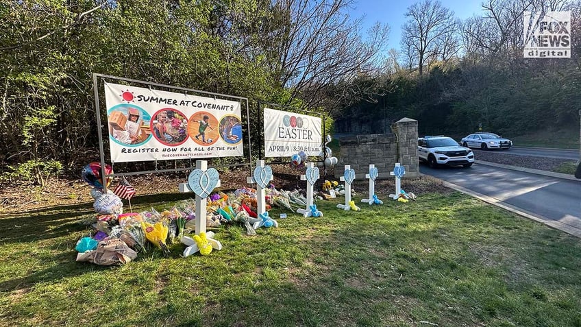 Memorials for the six victims who were killed in a mass shooting are placed outside of The Covenant School