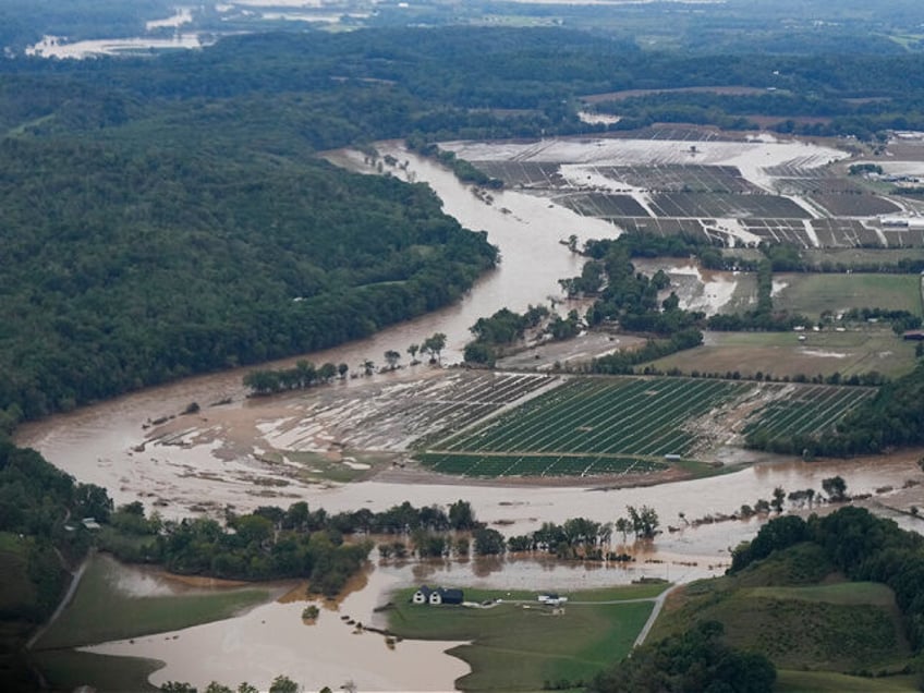 An aerial view of flood damage left in the aftermath of Hurricane Helene is seen Saturday,