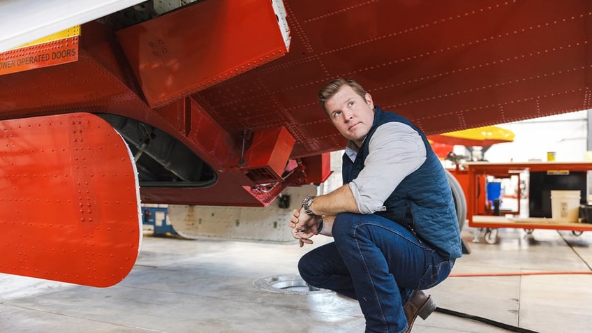 Tim Sheehy, founder and chief executive officer of Bridger Aerospace and Republican Senate candidate for Montana, in the Bridger hangar in Bozeman, Montana, on Thursday, Jan. 18, 2024. Sheehy is a former Navy SEAL with a hole in his heart, a bullet in his arm, a plan to become Montana's next senator and a mission to fix America's wildfire crisis.