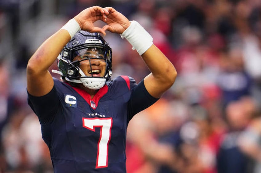 Stroud of the Houston Texans celebrates after a score against the Tampa Bay Buccaneers during the second half at NRG Stadium on November 5, 2023 in...