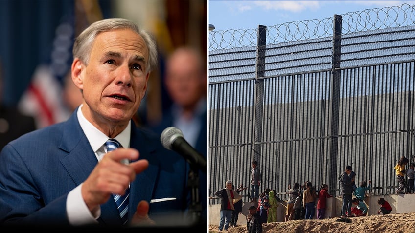 Greg Abbott in split image with border wall