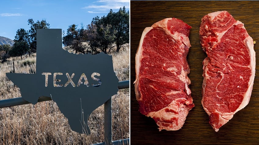 A sign reads "Texas," left. Two uncooked New York strip steaks rest on a wooden table, right.