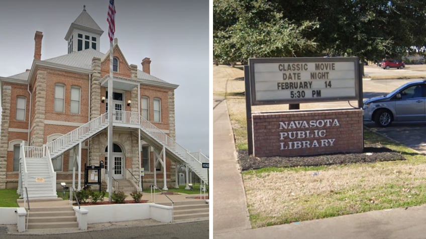 Split image of Grimes County Courthouse and Navasota Public Library