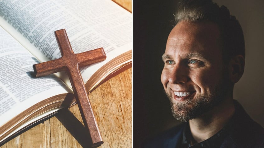 cross on top of Bible split with Rev. Johnston