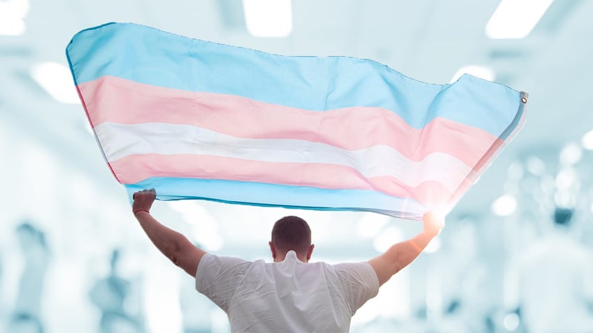 Person holding transgender flag