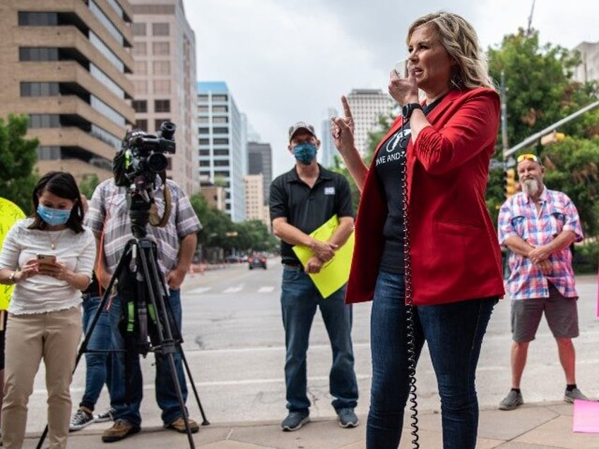 Shelley Luther, a Dallas salon owner speaks during a "Bar Lives Matter" protest