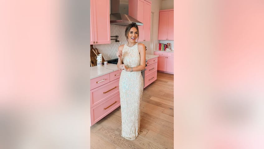 vintage dress in pink kitchen