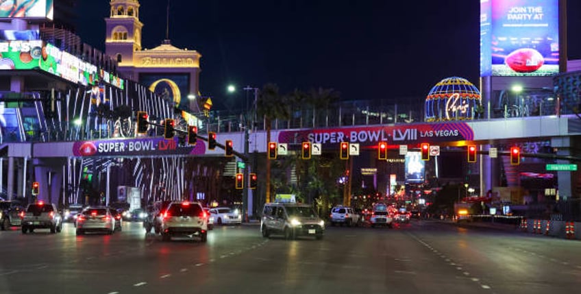 Signage for Super Bowl LVIII is displayed on a pedestrian bridge on the Las Vegas Strip on January 30, 2024 in Las Vegas, Nevada. The game will be...