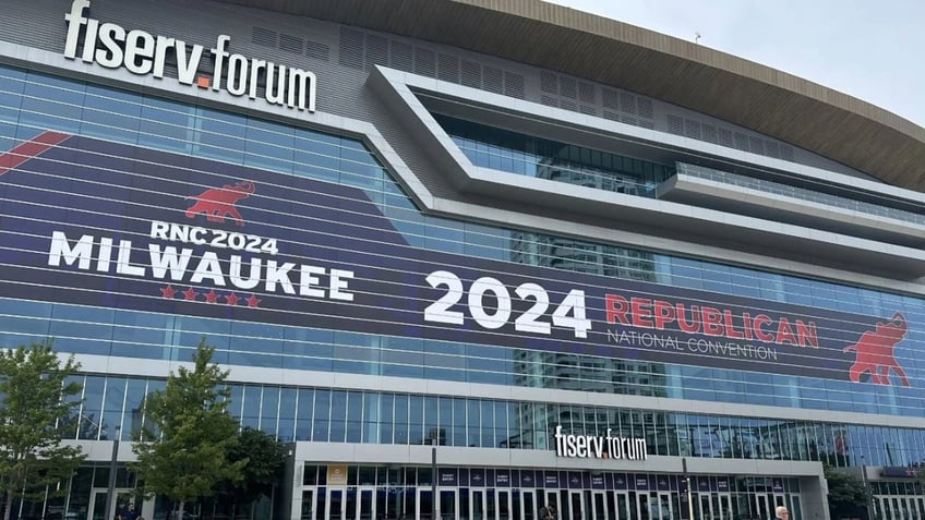 An exterior view of the Fiserv Forum, where the Republican National Convention gets underway in Milwaukee, Wisconsin on Monday July 15, 2024