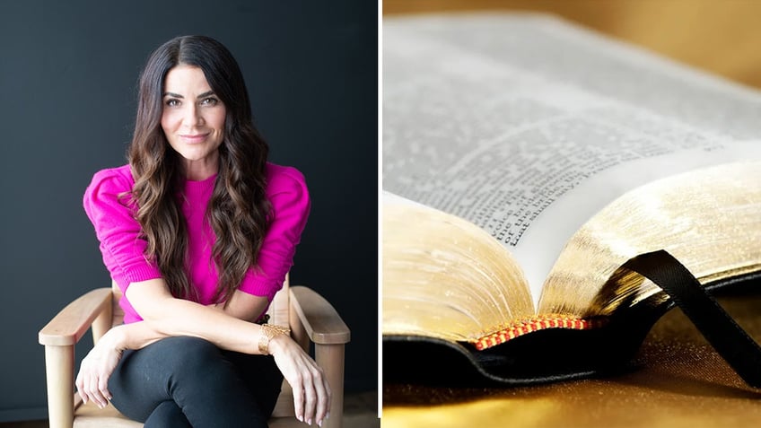 split of Tara-Leigh Cobble and a Bible stock image