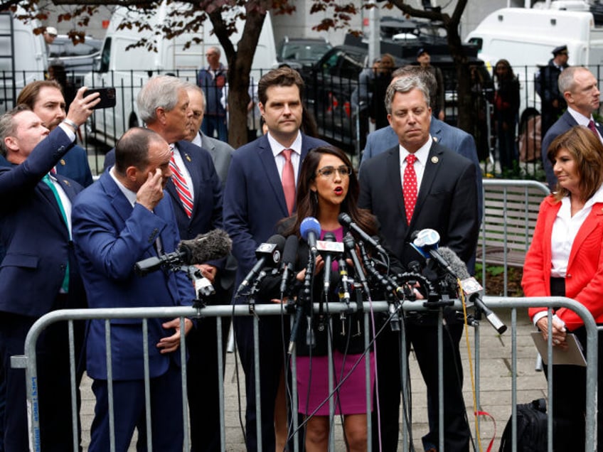 NEW YORK, NEW YORK - MAY 16: Rep. Lauren Boebert (R-CO) speaks alongside House Republicans