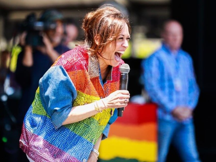 Senator Kamala Harris greets the crowd at the annual Pride Parade at Civic Center in San F