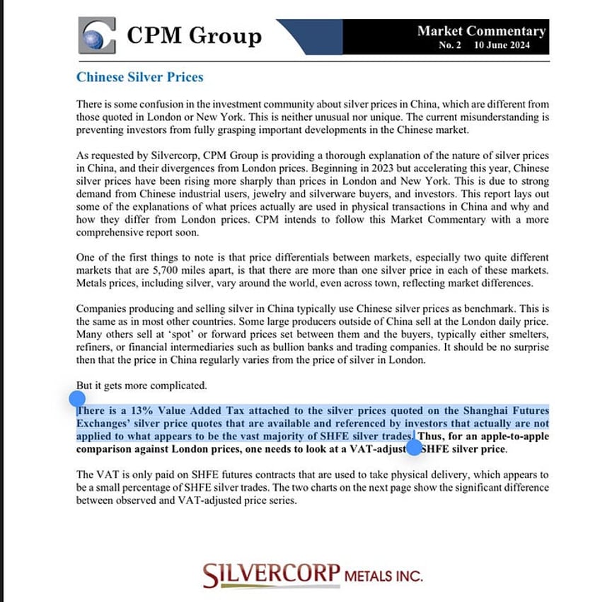 Pic 1: This observation makes sense. It states the VAT  is attached to the price quoted. One question is: is the VAT attached *before* the SHFE quote is displayed or *after*? The question simply is: when is the VAT addedThe nature of English verb tenses needs more clarity   Does the price as displayed in the futures market included the VAT already or not?Pic 2: Silver in shfe sans vat trades under LBMA. This implies the shfe price has a vat already in it on screen.
