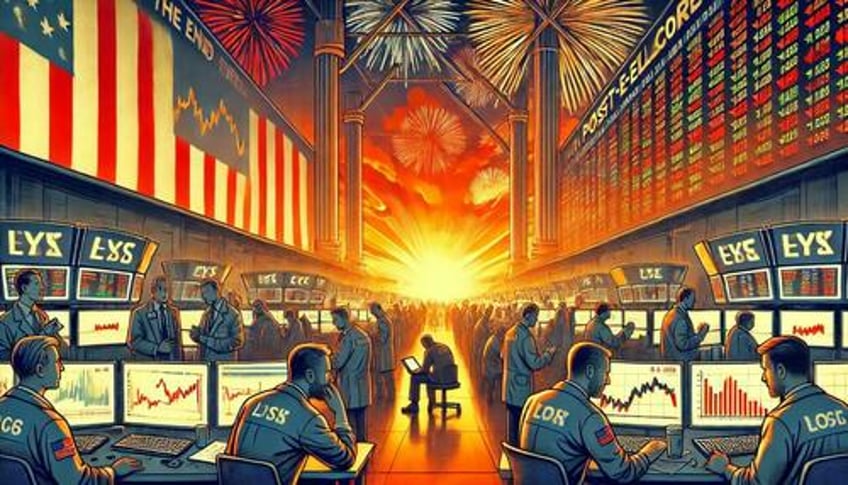 AI imagery showing the sun setting on stock traders. 