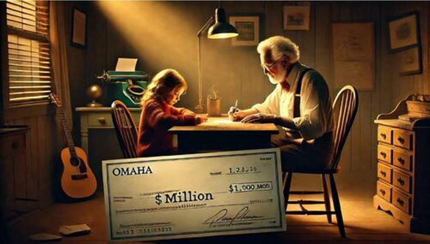 An old man writing a check to a young girl. 