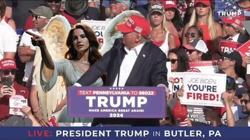 An angel who looks like Lana Del Rey prompts Donald Trump to turn his head. 