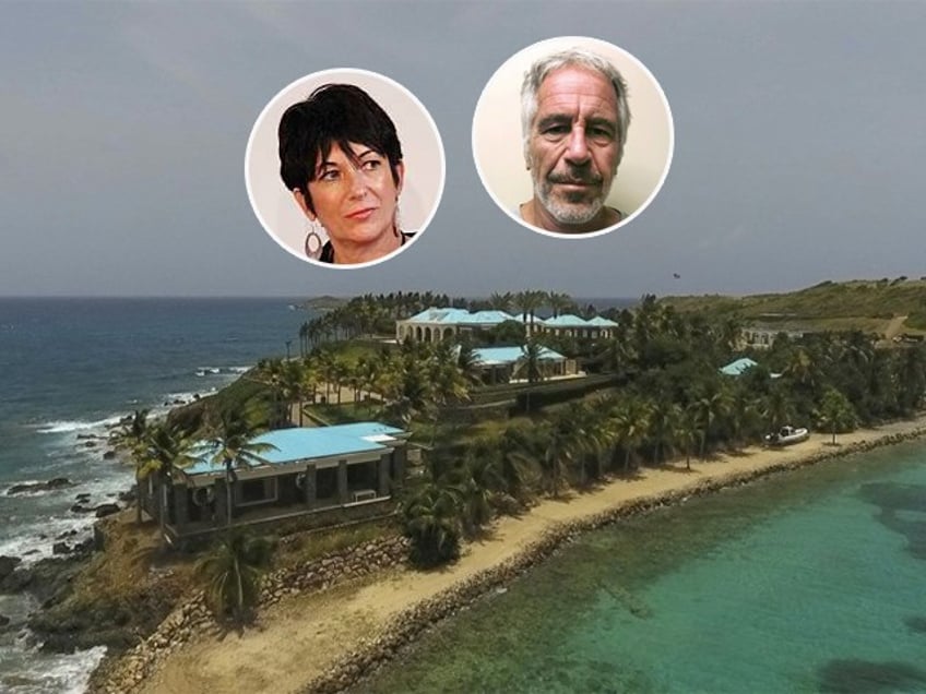 (INSETS: Ghislaine Maxwell, Jefrrey Epstein)This Tuesday, July 9, 2019 video frame grab shows an aerial view of Little Saint James Island, in the U. S. Virgin Islands, a property purchased by Jeffery Epstein more than two decades ago. Epstein built on the island a stone mansion with cream-colored walls and a bright turquoise roof surrounded by several other structures including the maids’ quarters and a massive, square-shaped white building on one end of the island. (AP Photo/Gianfranco Gaglione)