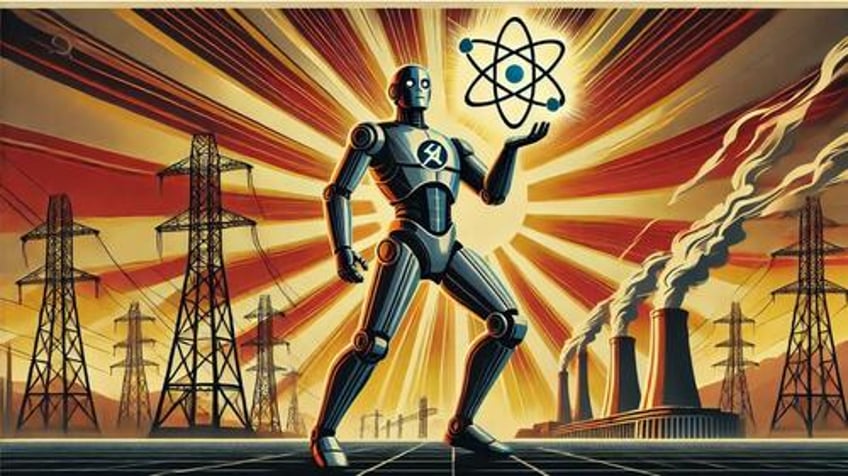 A robot holding a nuclear symbol, Soviet Realist-style imagery. 