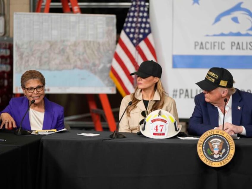 President Donald Trumpand first lady Melania Trump listen as Los Angeles Mayor Karen Bass