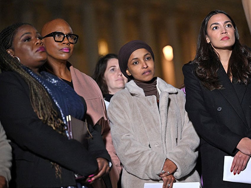 (From L) US Representative Cori Bush, D-MO, US Representative Ayanna Pressley, D-MA, US Re