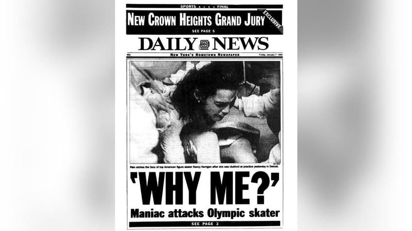 Daily News newspaper with quote, "Why Me?" and Kerrigan on the cover after attack