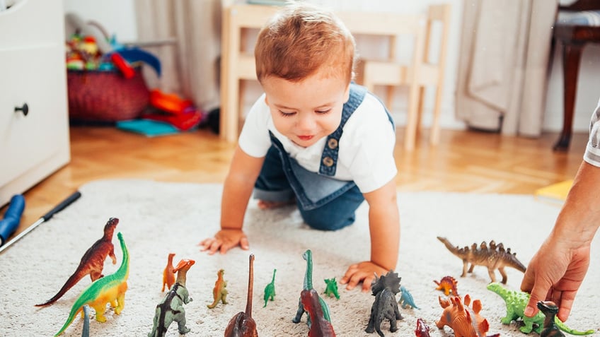 little boy playing with dinosaurs